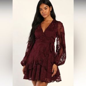 Lulu’s Inclined to Romance Burgundy Floral Embroidered Mini Dress
